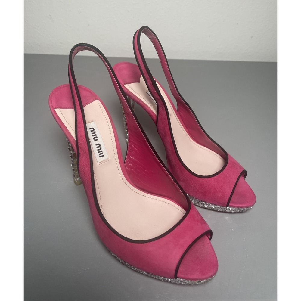 Women's Miu Miu Pink Suede Leather Slingback Crystal High Heels Size 36.5‎